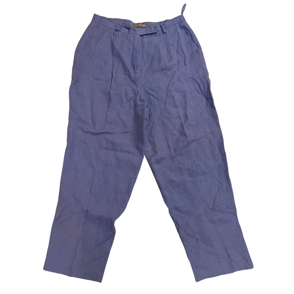 Valerie Stevens‎ Linen Trousers Womens 14P Blue Excellent Pleated Straight Leg
